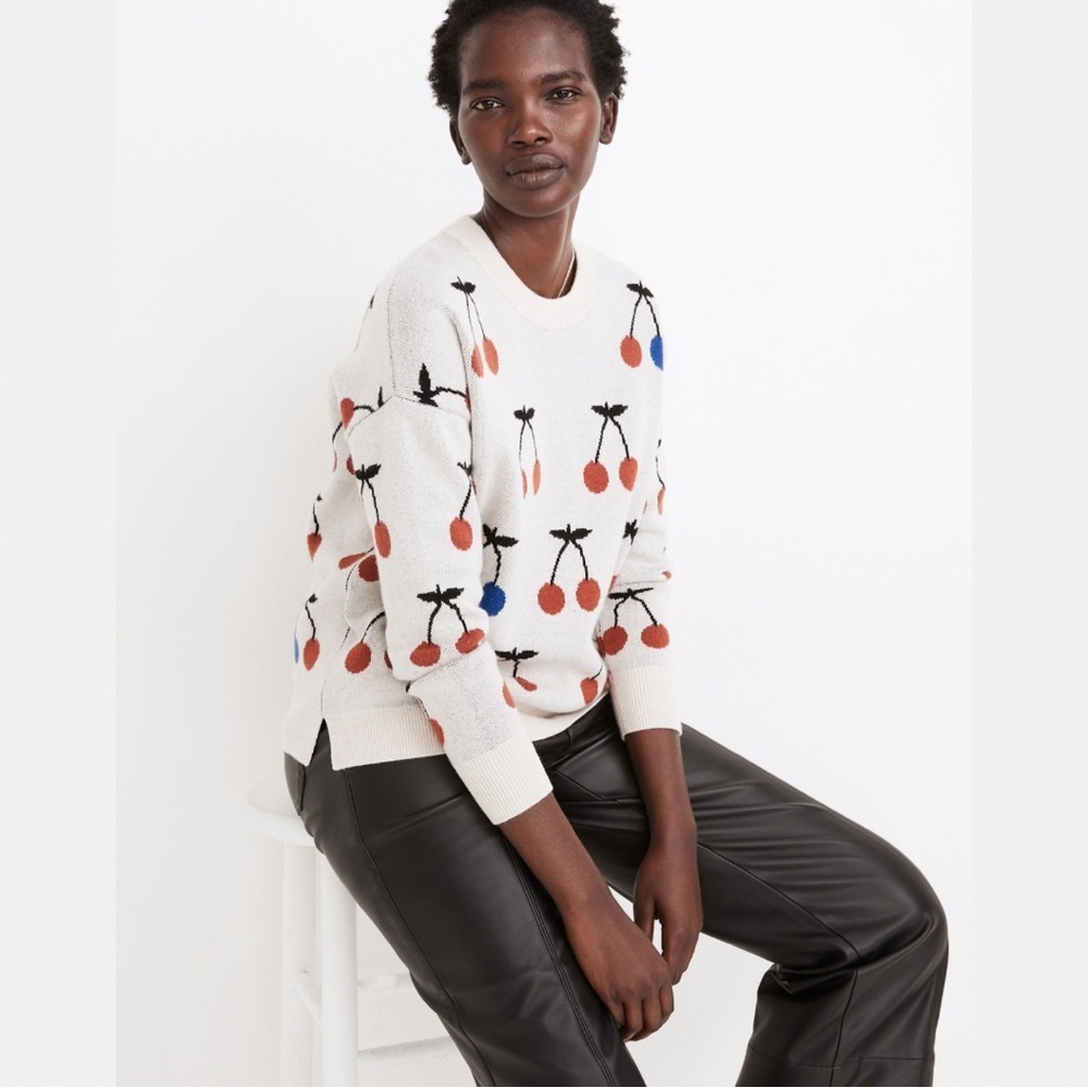 Madewell White Cream Cherry Jacquard Pullover Sweater, size XS